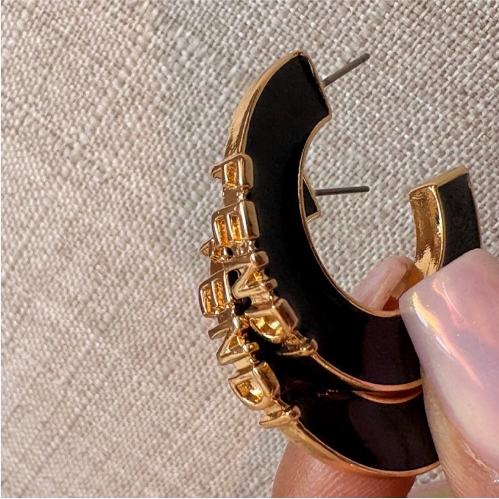 Fendi Black Enamel Hoop Earrings with Gold Logo Trim - Picture 3 of 7